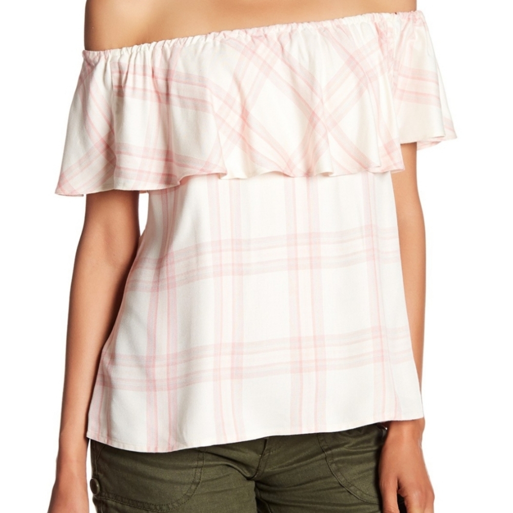 Sanctuary Misha Off Shoulder Pastel Pink Plaid Top Size Medium NEW NWT